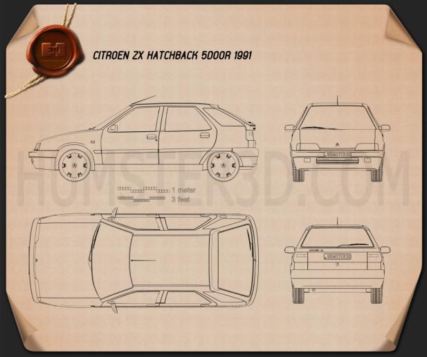 Citroen Zx 5 Door Hatchback 1991 Blueprint Hum3d