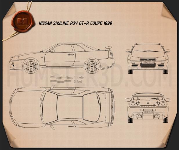 Nissan Skyline R34 GT-R coupe 1999 Blueprint - Hum3D