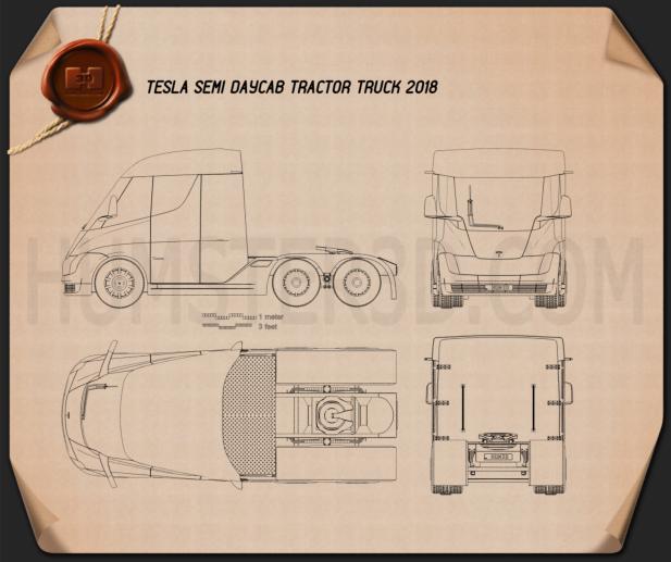 Tesla Semi Day Cab Tractor Truck 2018 Blueprint - Hum3D